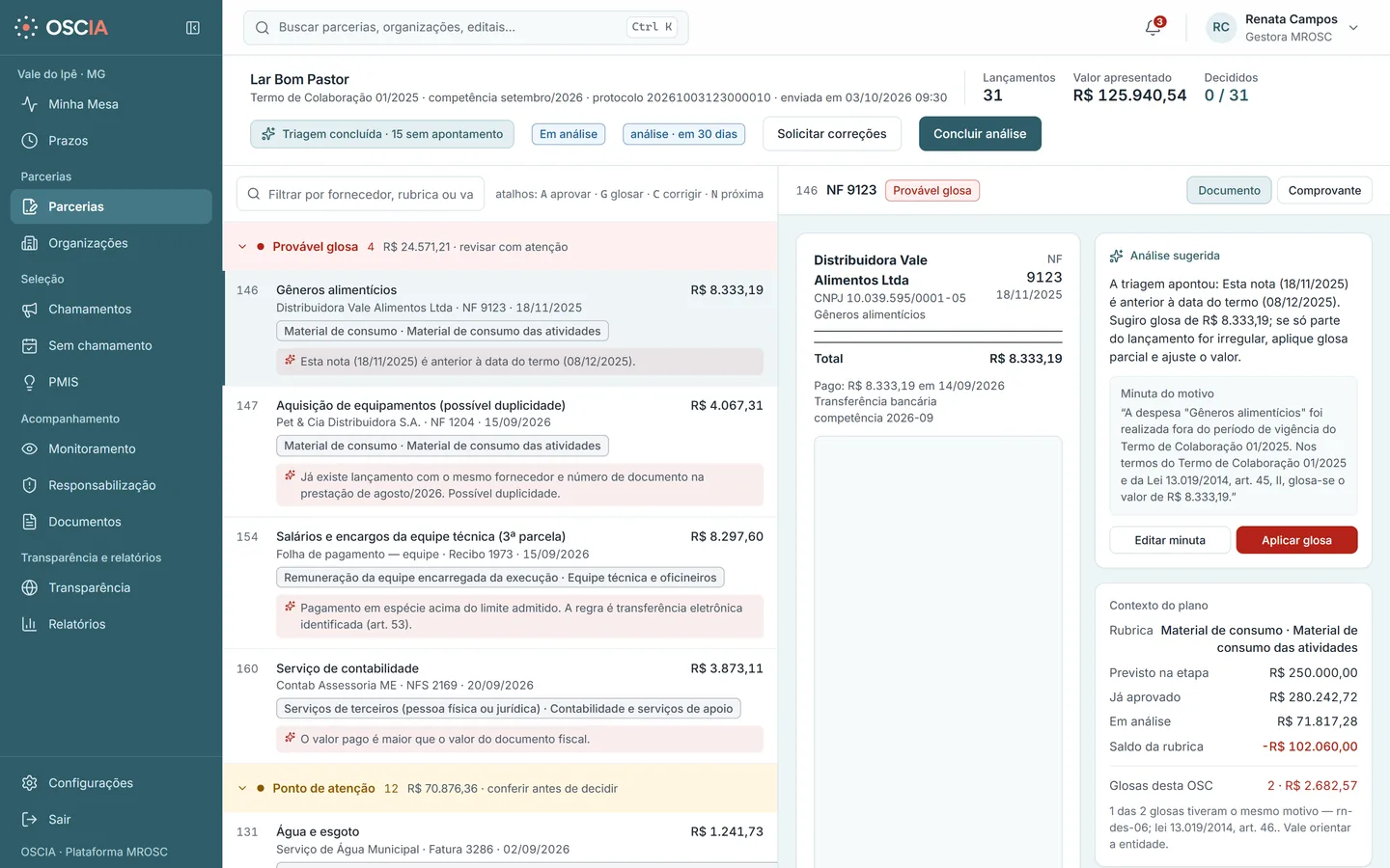 Análise da prestação de contas com as despesas triadas e o documento ao lado.