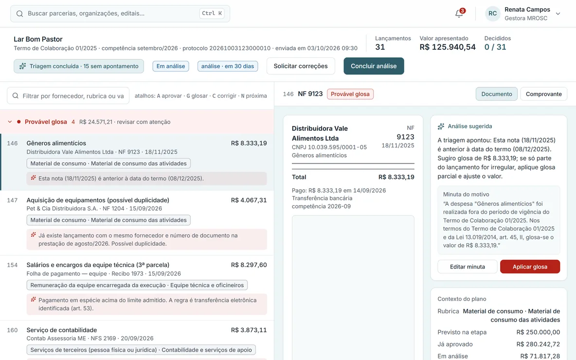 Análise da prestação de contas: despesas agrupadas em provável glosa, com a regra que apontou cada uma e a minuta do motivo.