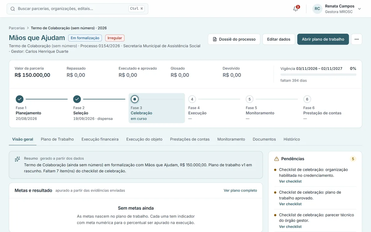 Ficha de uma parceria em formalização: Fase 3, Celebração, em curso, com as pendências do checklist de celebração.