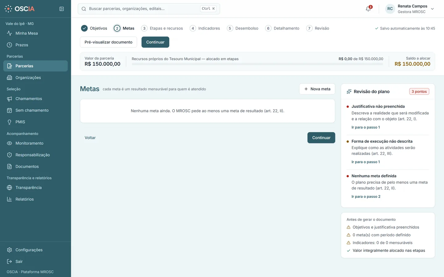 Editor do plano de trabalho em sete passos, com a revisão do plano ao lado.